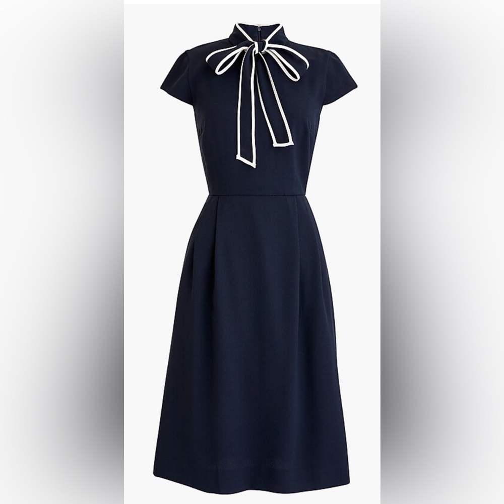 J. Crew | Navy blue & white tie-neck dress in 365 crêpe | Sz 8